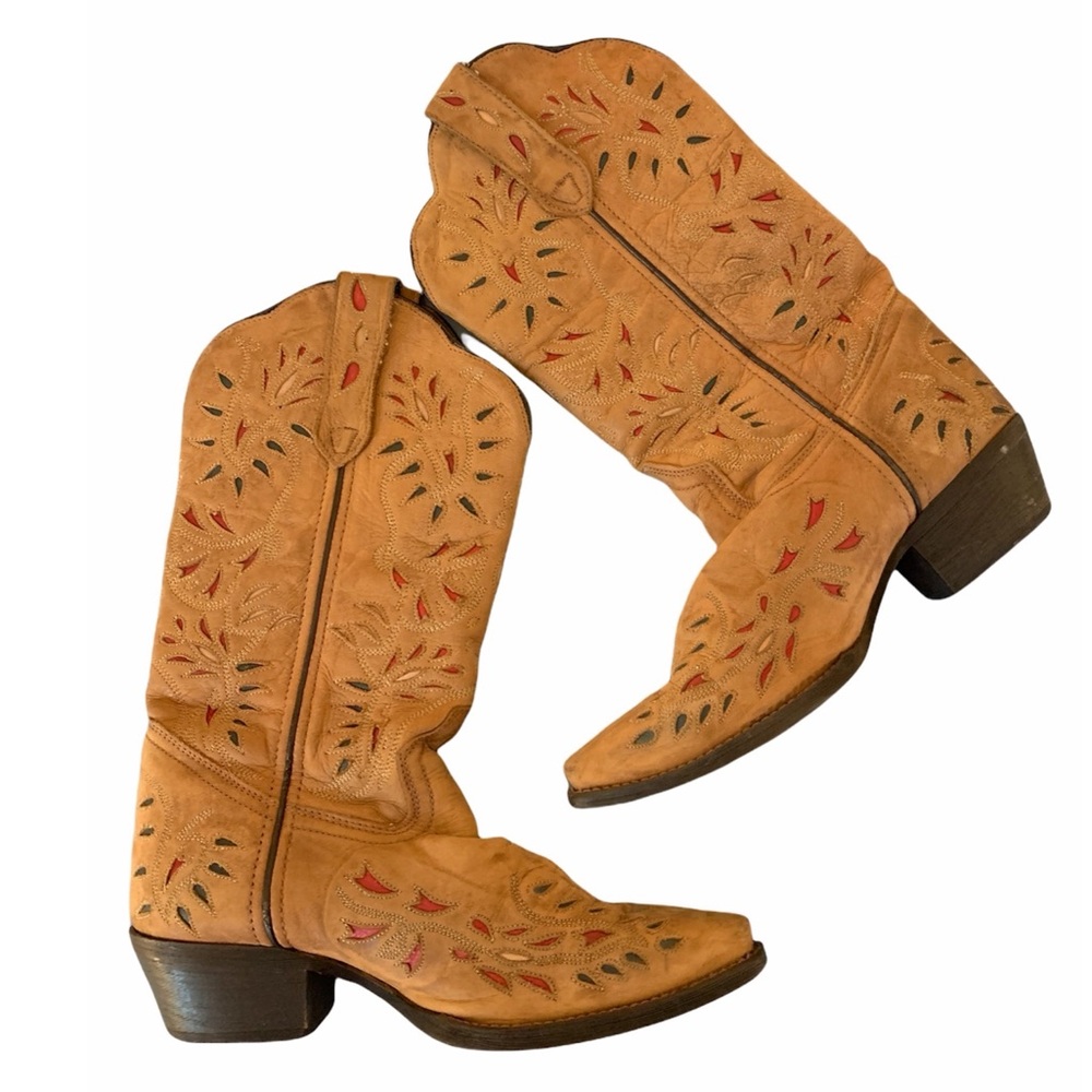Laredo Tan Heeled Boots with Multicolor Stitching